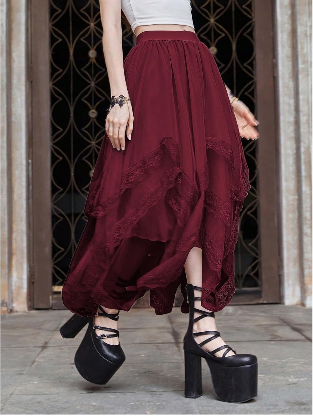 Lace Trim Layered Mesh Tulle Skirt Asymmetrical Goth Skirt